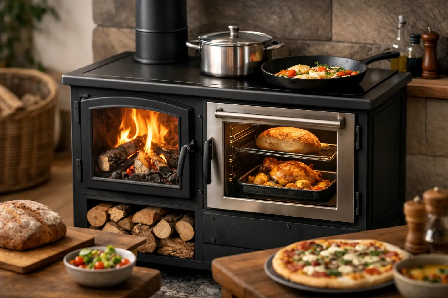 Estufa de leña con horno para calentar y cocinar